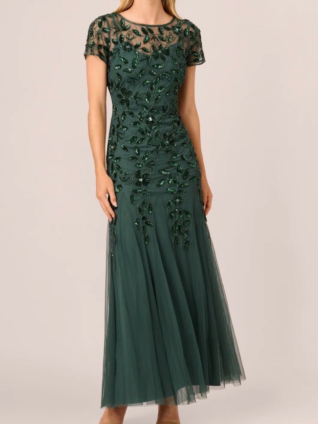 Adrianna Papell Emerald Green Short Sleeve Floral Godet Gown Nwot
